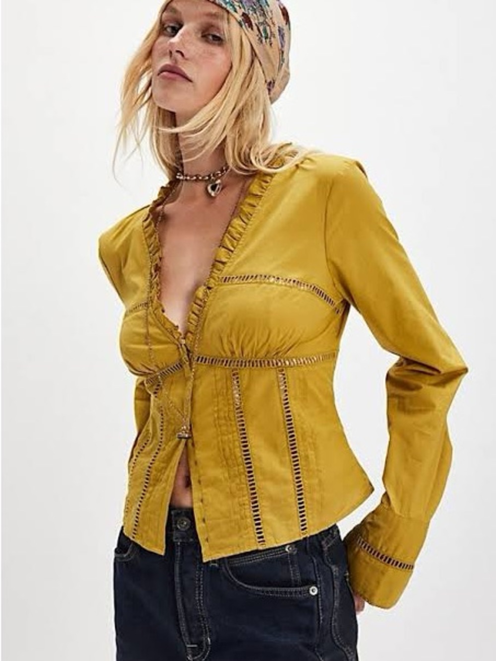Free People Chartreuse Yellow Ruffle Trim Peasant Blouse